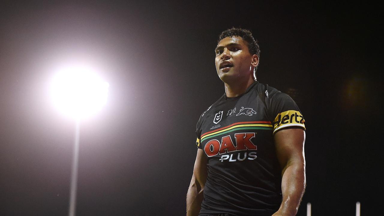 MACKAY, AUSTRALIA - SEPTEMBER 18: Tevita Pangai Junior of the Panthers watches on during the NRL Semifinal match between the Penrith Panthers and the Parramatta Eels at BB Print Stadium on September 18, 2021 in Mackay, Australia. (Photo by Matt Roberts/Getty Images)