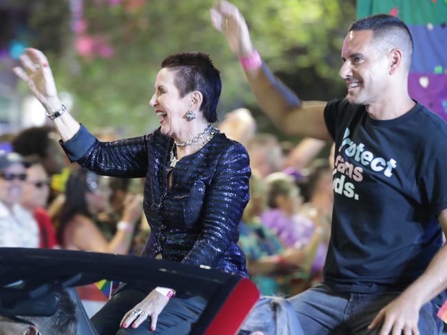 Sydney Lord Mayor Clover Moore with State MP for Sydney Alex Greenwich at the 2025 Mardi Gras Parade. Picture: Christian Gilles