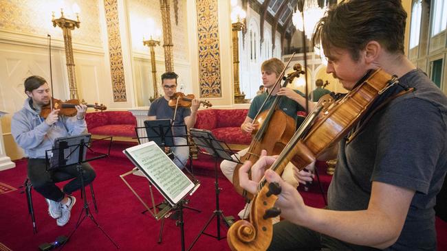 Orava Quartet, Daniel Kowalik, David Dalseno, Karol Kowalik and Thomas Chawner at Government House, Hobart. Picture: Chris Kidd