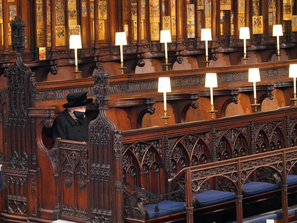 :Queen Elizabeth II sat alone throughout the funeral of Prince Philip. Picture: Jonathan Brady /WPA Pool/Getty Images