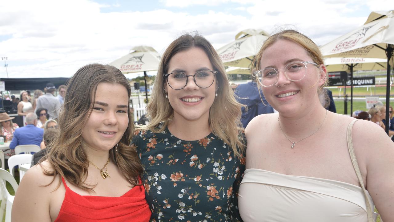 Belle Pregai, Gabby Trost and Montana Wilkins at the 2023 Audi Centre Toowoomba Weetwood race day at Clifford Park Racecourse.
