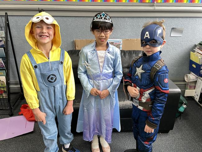 St Kilian's Primary School students Charlie Bickley, Isabelle Kon and Ollie Ender dressed up for Book Week. Picture: Gianni Francis.