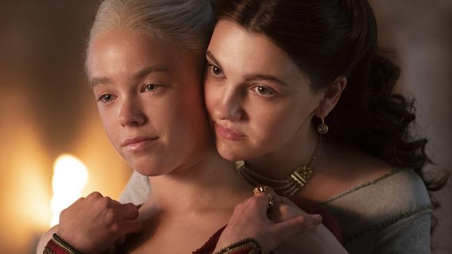 Milly Alcock as young Rhaenyra and Emily Carey as young Alicent. Picture: HBO/BINGE