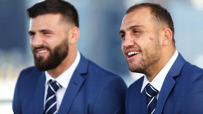 Josh Mansour and Blake Ferguson during the NSW State of Origin team announcement for Game 1 at The Star in Sydney. Pic Brett Costello