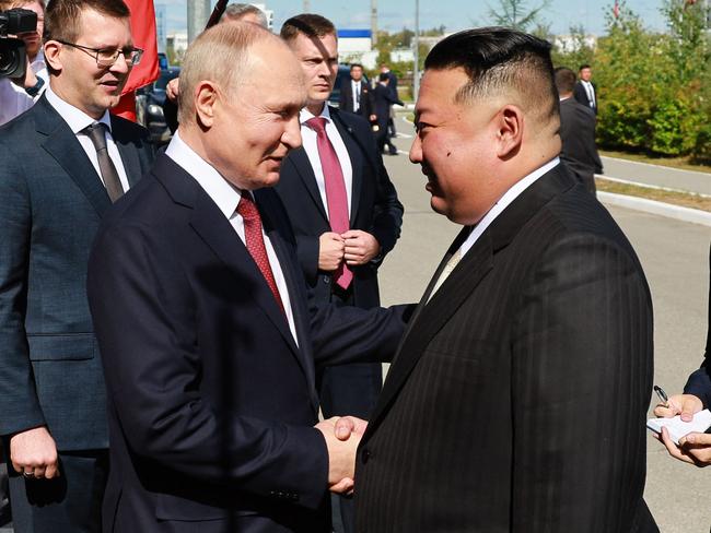 Russia's President Vladimir Putin shakes hands with North Korea's leader Kim Jong Un during their meeting at the Vostochny Cosmodrome in Russia. The North Korean leader left Russia this week after a rare six-day visit that appeared to solidify his country’s ties with Putin, fanning Western fears that Pyongyang could provide Moscow with weapons for its assault on Ukraine. Picture: Vladimir Smirnov/AFP