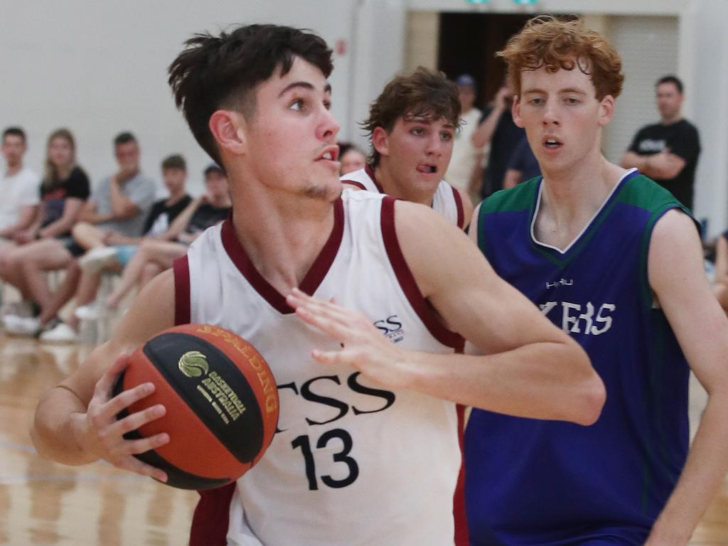 Basketball Australia Schools Championships at Carrara. Mens open final, Lake Ginninderra College Lakers V TSS (in white). Jackson McCabe TSS Picture Glenn Hampson