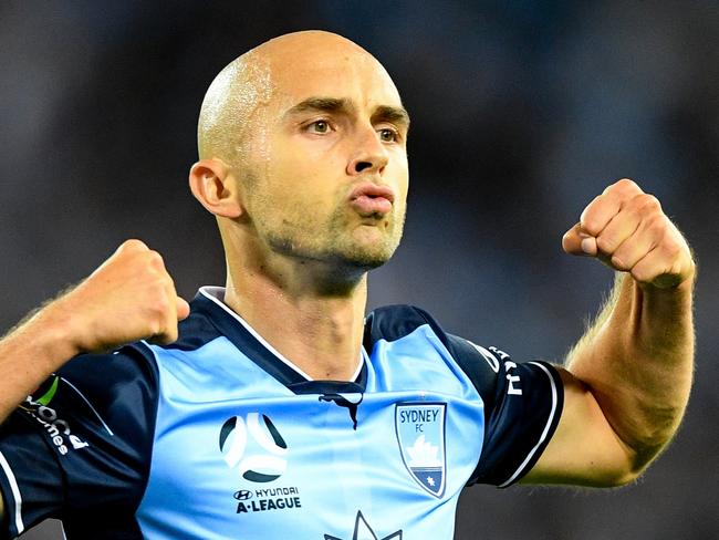 Adrian Mierzejewski of Sydney reacts after scoring during the round 10 A-League match between Western Sydney Wanderers FC and Sydney FC at ANZ Stadium in Sydney, Saturday, December 9, 2017. (AAP Image/Brendan Esposito) NO ARCHIVING, EDITORIAL USE ONLY
