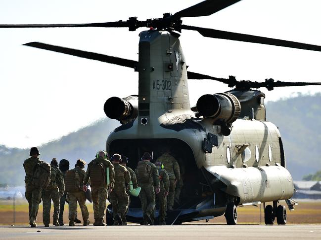 Two CH-47 Chinooks left Townsville RAAF Base to relieve previous crews down south helping with the Australian Bushfires. Picture: Alix Sweeney