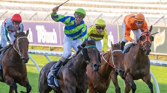 Bustler wins the 2023 Group 1 Railway Stakes at Ascot for jockey Steven Parnham and trainer Neville Parnham. Picture: Western Racepix