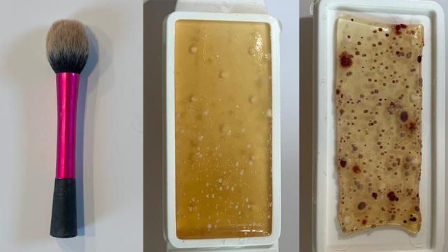 The test results for a blusher brush, showing mould and yeast on the left and bacteria on the right. Picture: Jam Press