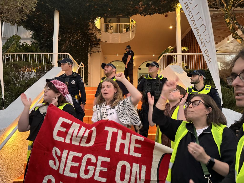 Pro-Palestinian protesters at the Greek Club. No one pictured was arrested. Picture: Mikaela Mulveney