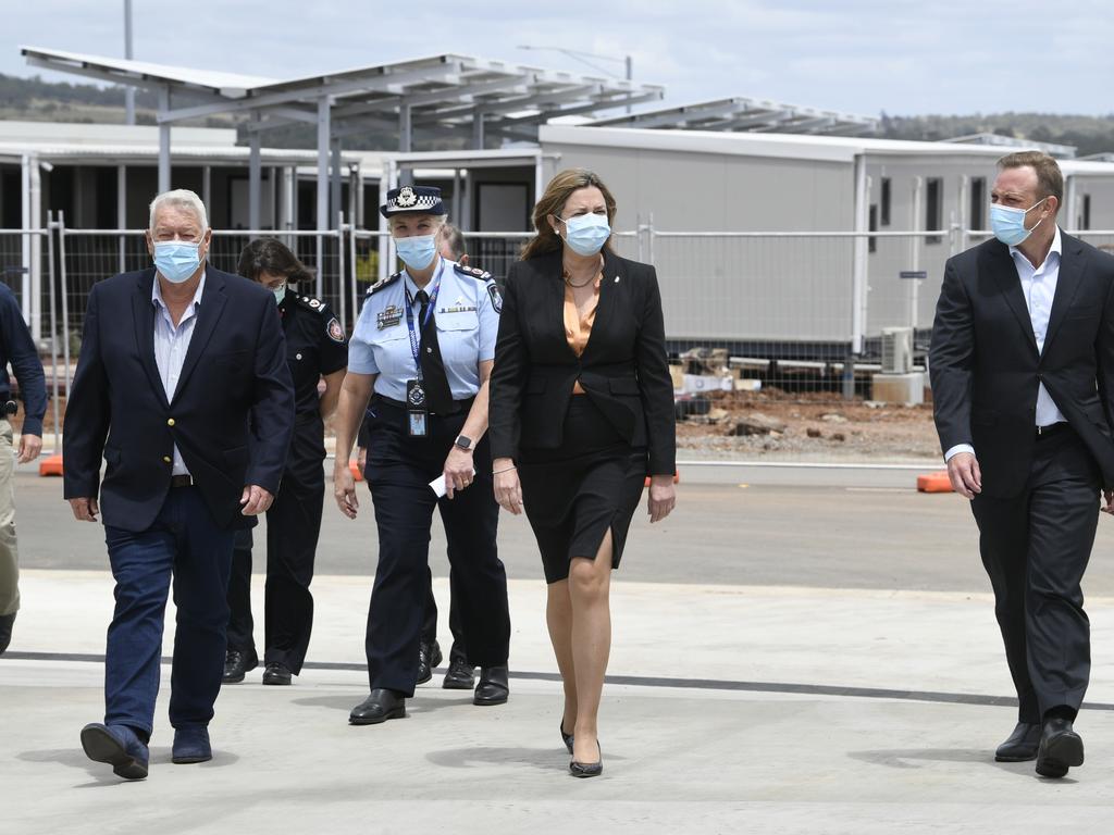 John Wagner, Katarina Carroll, Annastacia Palaszczuk and Steven Miles at The Queensland Regional Accommodation Centre at Wellcamp. Photo – Nev Madsen