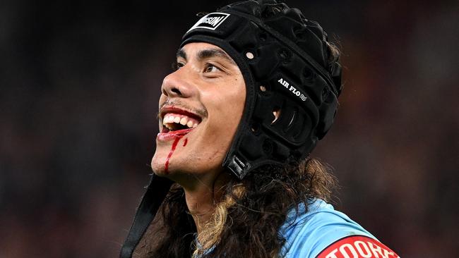 Jarome Luai of the Blues reacts after been sent off for head butting Reece Walsh of the Maroons during game two of the State of Origin series between the Queensland Maroons and the New South Wales Blues at Suncorp Stadium on June 21, 2023 in Brisbane, Australia. (Photo by Bradley Kanaris/Getty Images)