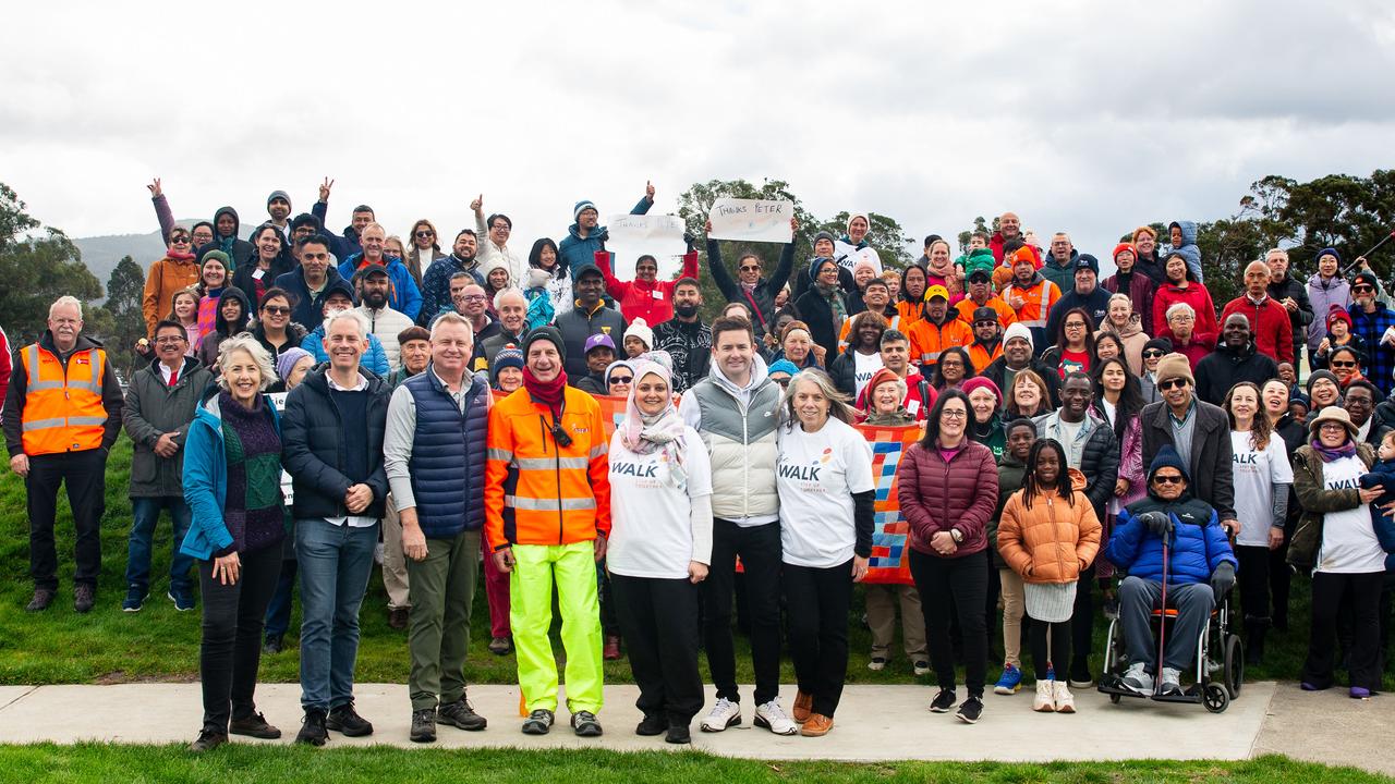 Former Tasmanian Premier Peter Gutwein completes the walk step up together at Montrose Foreshore. A large group of supporters were at Montrose to meet Peter Gutwein. Picture: Linda Higginson