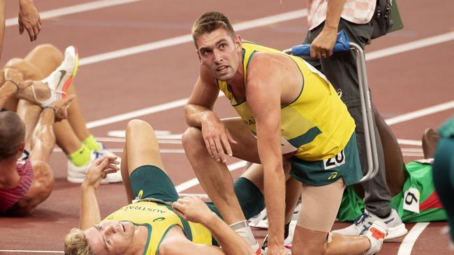 Cedric Dubler of Australia with team mate and bronze medalist Ashley Moloney of Australia after the 1500m decathlon event. Picture: Getty