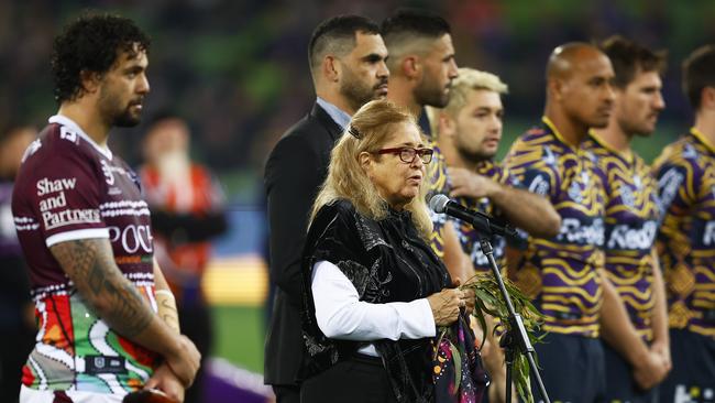 Aunty Joy Murphy speaking before a 2022 clash at AAMI Park. Photo by Daniel Pockett/Getty Images