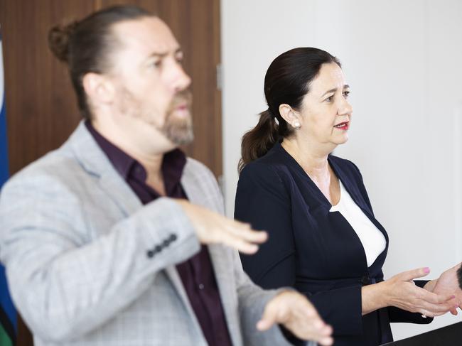 Mikey Webb at press COVID-19 press conference with Premier Annastacia Palaszczuk on 29 January this year. Picture: News Corp/Attila Csaszar