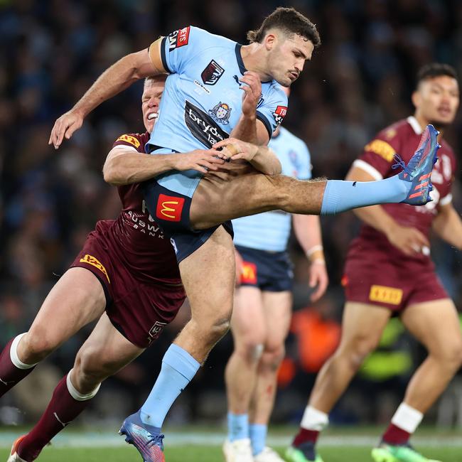 Lindsay Collins rattles a Nathan Cleary kick during Origin I. Picture: Cameron Spencer/Getty Images