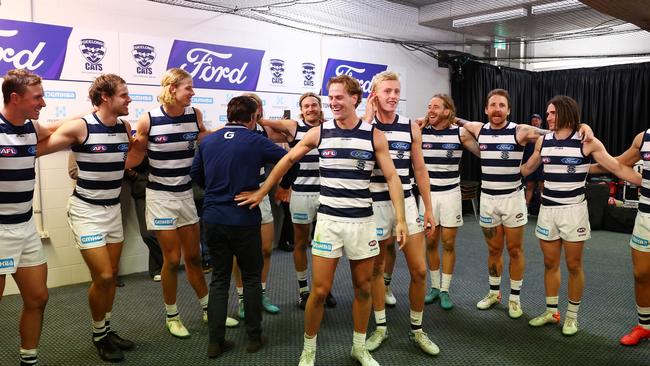 Cooper Stephens and Mitch Knevitt sing the song. Picture: Mark Metcalfe/AFL Photos/via Getty Images