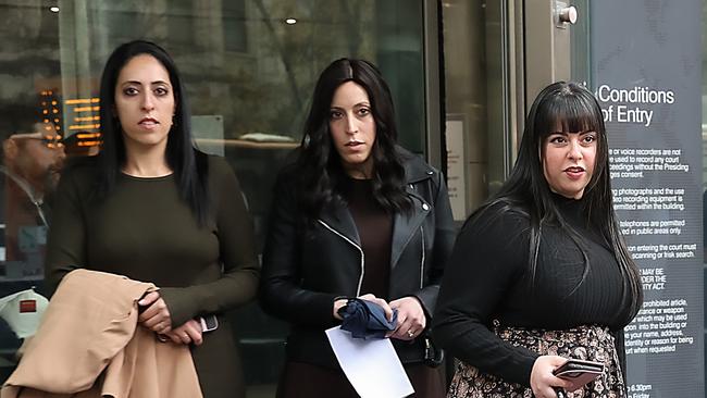 Sisters Elly Sapper , Nicole Meyer and Dassi Erlich outside court as the case against former school principal Malka Leifer continues. Picture: NCA NewsWire / Ian Currie