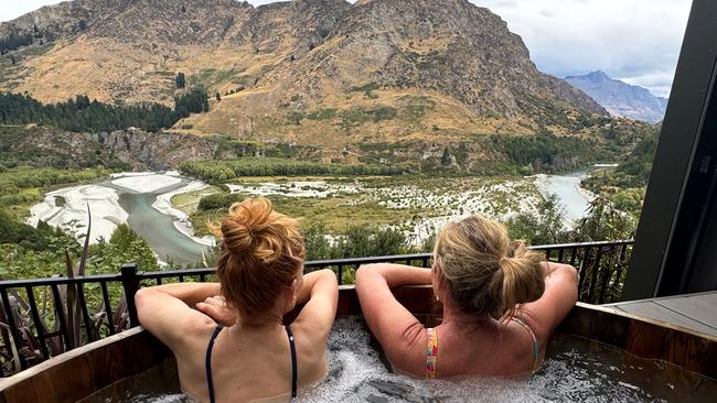 The last 8km were hell but Sally had wisely booked us into the Onsen Hot Pools overlooking the Shotover River canyon as a reward for our efforts. Picture: Angela Mollard.