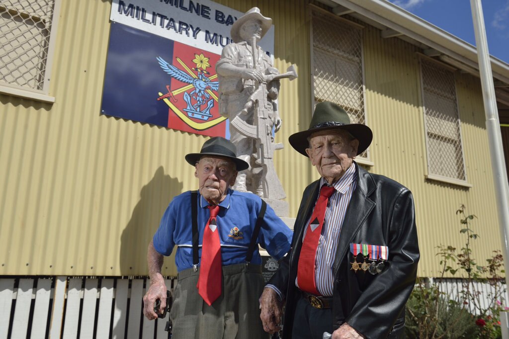 25th Battalion veterans Bert Miles (left) and Richard McKenna were on hand for the unveiling and dedication of the monument recognising the 25th battalion at Milne Bay Military Museum, Saturday, April 23, 2016. Picture: Kevin Farmer