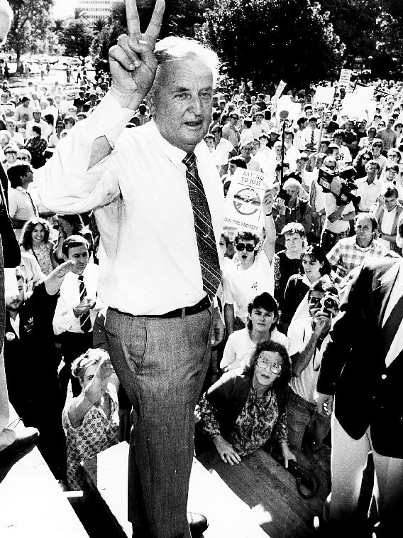 Former Queensland premier Joh Bjelke-Petersen, pictured here in 1987, was also an outstanding mangler of words, according to Charles Wooley.