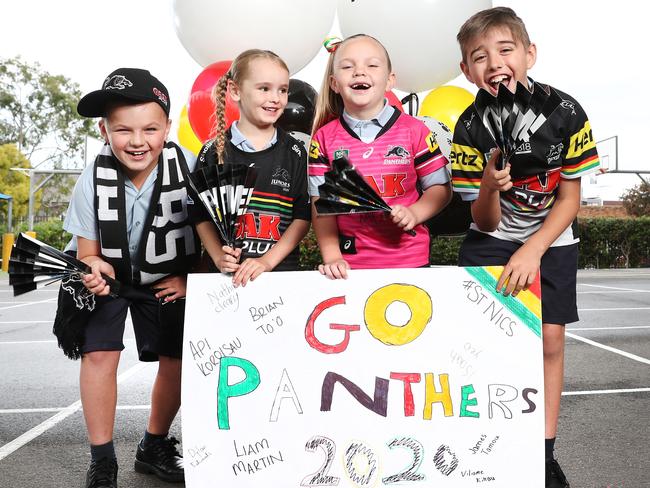 Pictured at St Nicholas of Myra Primary School in Penrith are Panthers fans Byron Faapoi, Natasha Howden, Scarlett Parks and Leo Alexander with Daily Telegraph Penrith Panthers Clappers.Picture: Richard Dobson