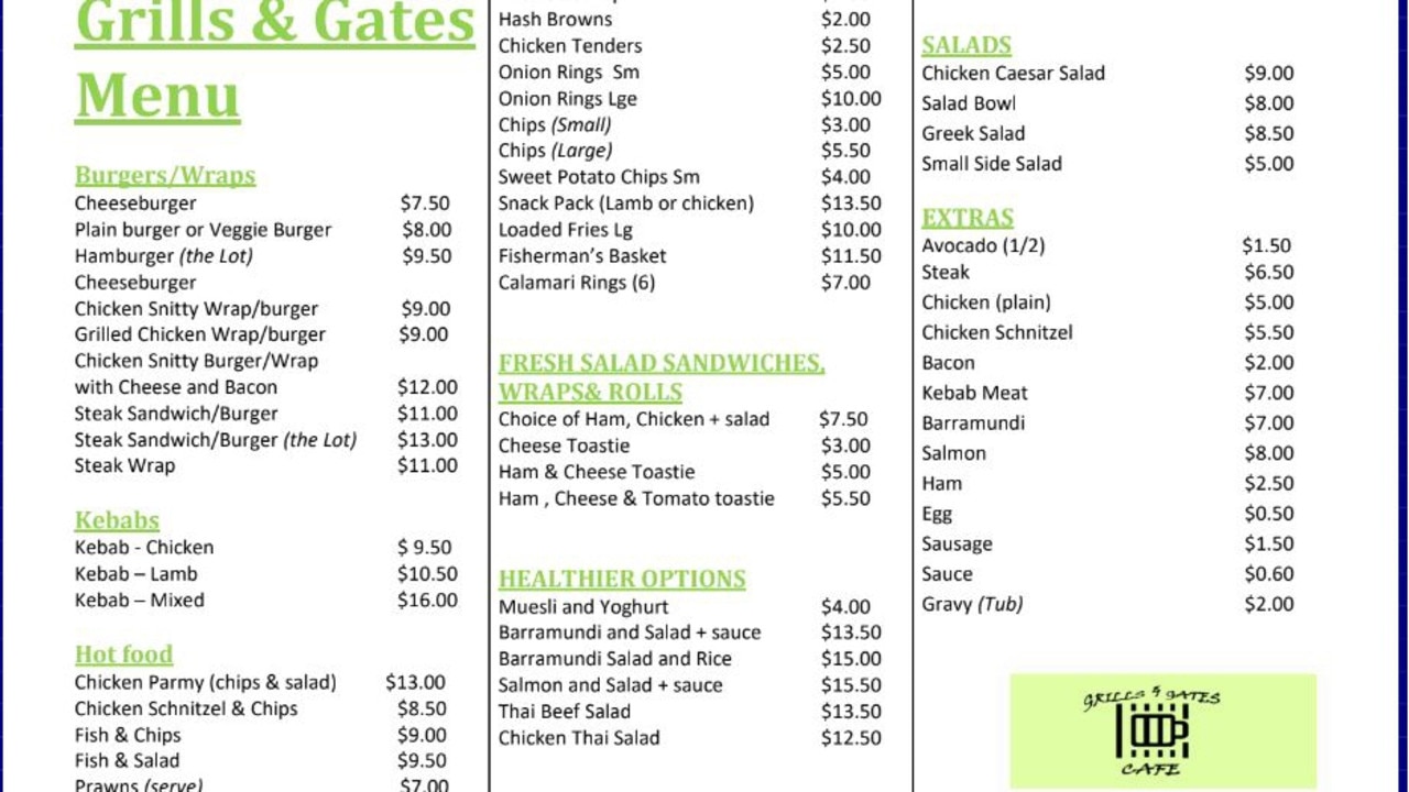 Menu at the Grills &amp; Gates cafe.