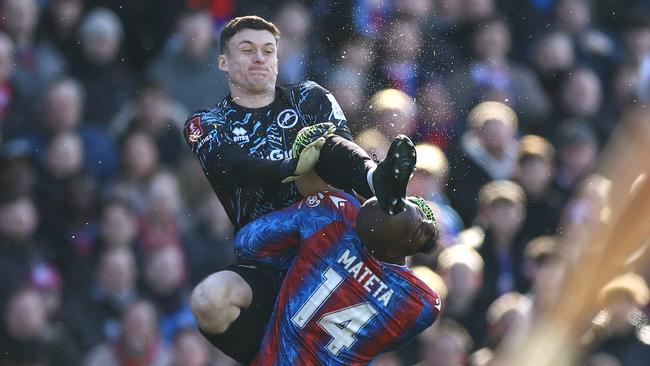 LONDON, ENGLAND - MARCH 1: Millwall goalkeeper Liam Roberts karate kicks Jean-Philippe Mateta of Crystal Palace in the head and is subsequently sent off for a dangerous tackle during the Emirates FA Cup Fifth Round match between Crystal Palace and Millwall at Selhurst Park on March 1, 2025 in London, England. (Photo by Jacques Feeney/Offside/Offside via Getty Images)