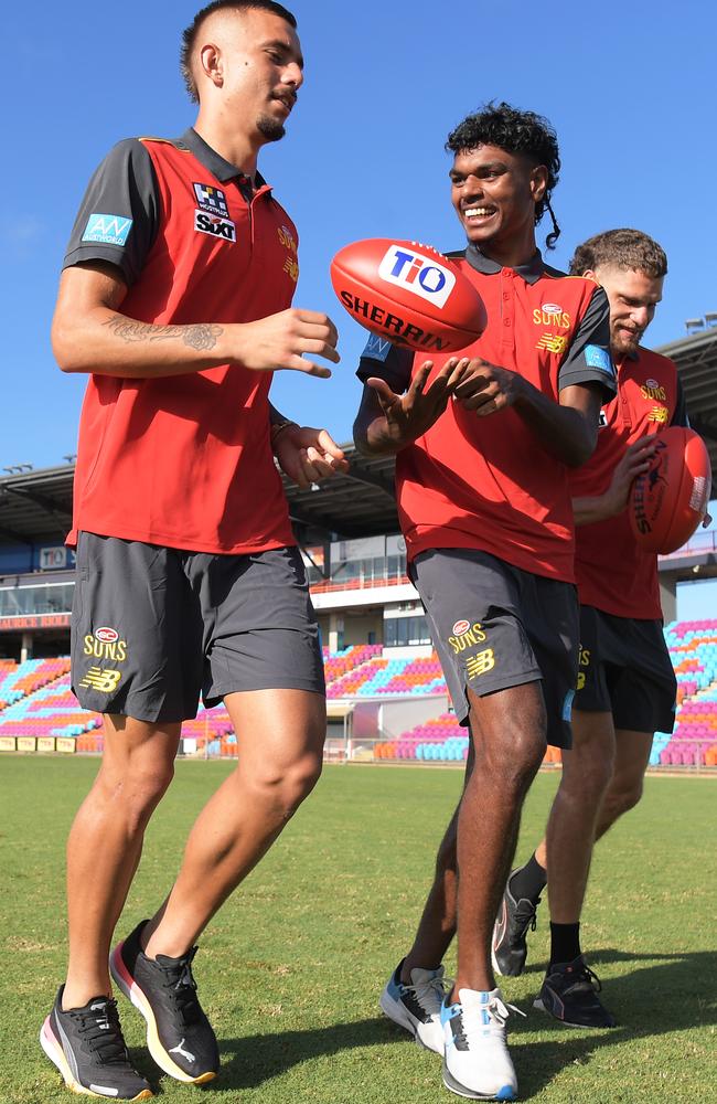 Gold Coast Suns players Joel Jeffrey, Lloyd Johnson and Jy Farrar at TIO Stadium. Picture: (A)manda Parkinson