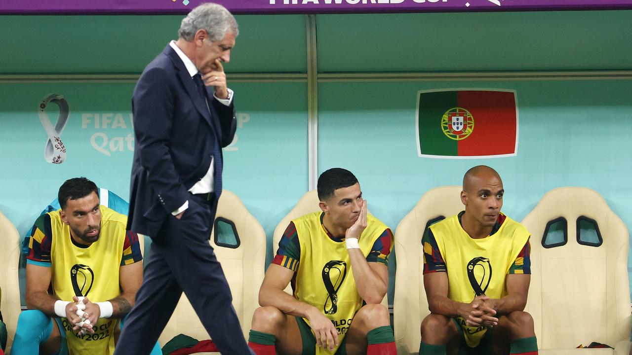 Cristiano Ronaldo of Portugal reacts as head coach Fernando Santos walks past. Picture: Francois Nel
