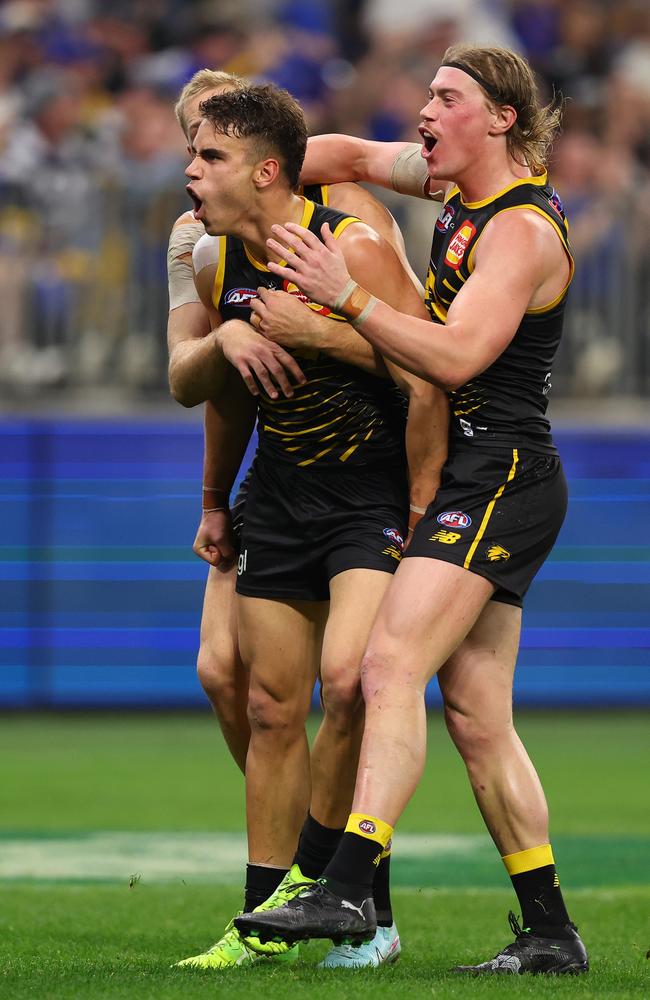 Elijah Hewett after he put the Eagles within six points. Picture: Paul Kane/Getty Images