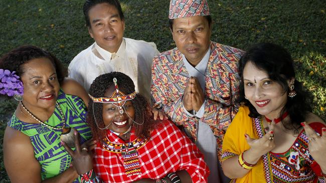 CARMA's multicultural festival members Kesa Strieby from Fiji, Teresia Lallemand from Kenya, Francisco Medrano from Philippines, Prahlad Dahal from Bhutan and Baishali Sengupta from India in their traditional dress. Picture: Anna Rogers