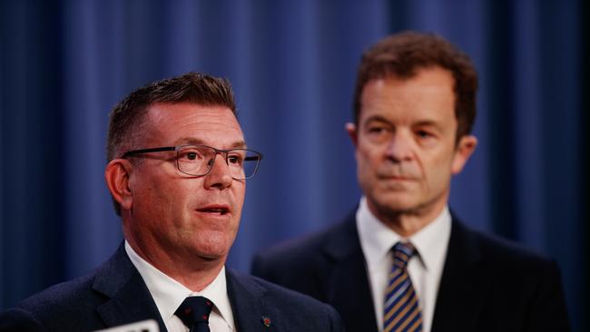 SYDNEY, AUSTRALIA - NewsWire Photos AUGUST 3, 2023: NSW Opposition Leader Mark Speakman with Nationals Leader Dugald Saunders during a press conference at State Parliament on Thursday. Picture: NCA NewsWire / Nikki Short