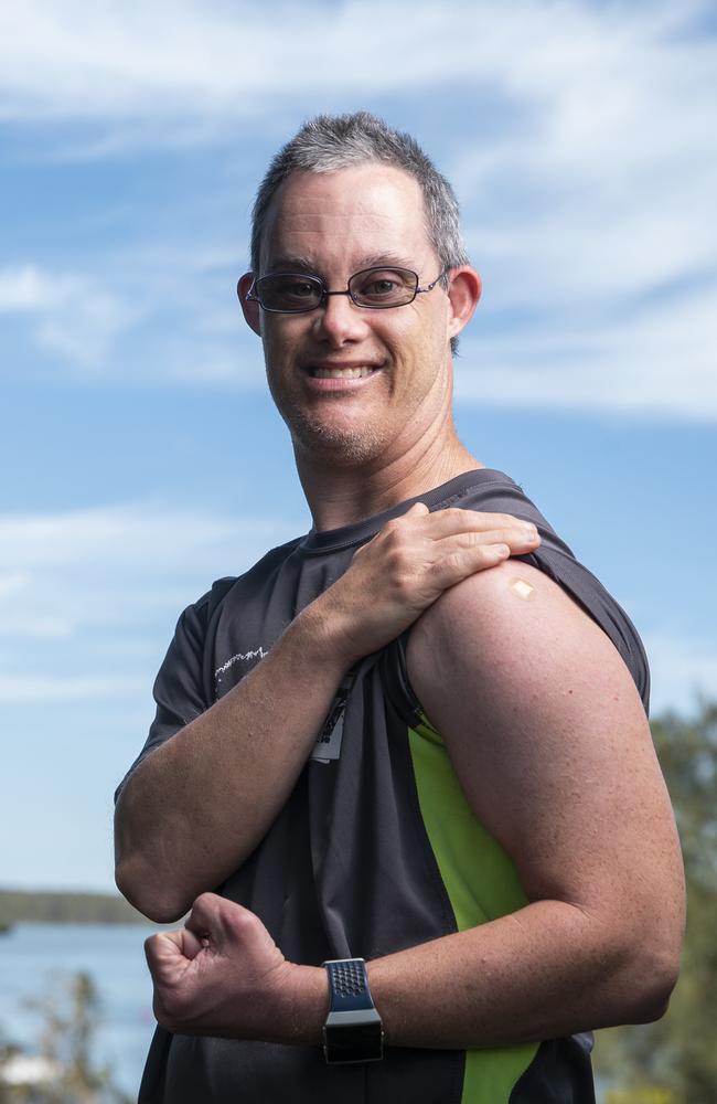 Oliver Guthrie, 26, from Tewantin after receiving his Covid-19 vaccination at the Sunny Street, Tewantin, vaccination centre. Picture: Lachie Millard