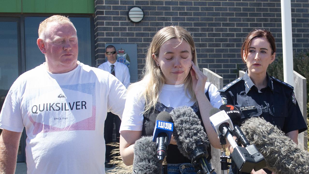 Murphy’s daughter Jess and husband Mick speak to media outside Ballarat West Police Station, with Inspector Lisa MacDougall. Picture: Newswire / Nicki Connolly