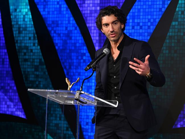 Actor/filmmaker Justin Baldoni speaks onstage at the Vital Voices 12th Annual Voices of Solidarity Awards at IAC Building in 2024. Picture: Bryan Bedder/Getty Images for Vital Voices Global Partnership