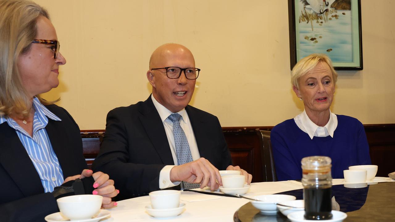 Opposition Leader Peter Dutton joined Liberal candidate for Chisholm Katie Allen for lunch with the Chinese community at the Imperial Chinese in Mount Waverley. Picture: Adam Head / NewsWire