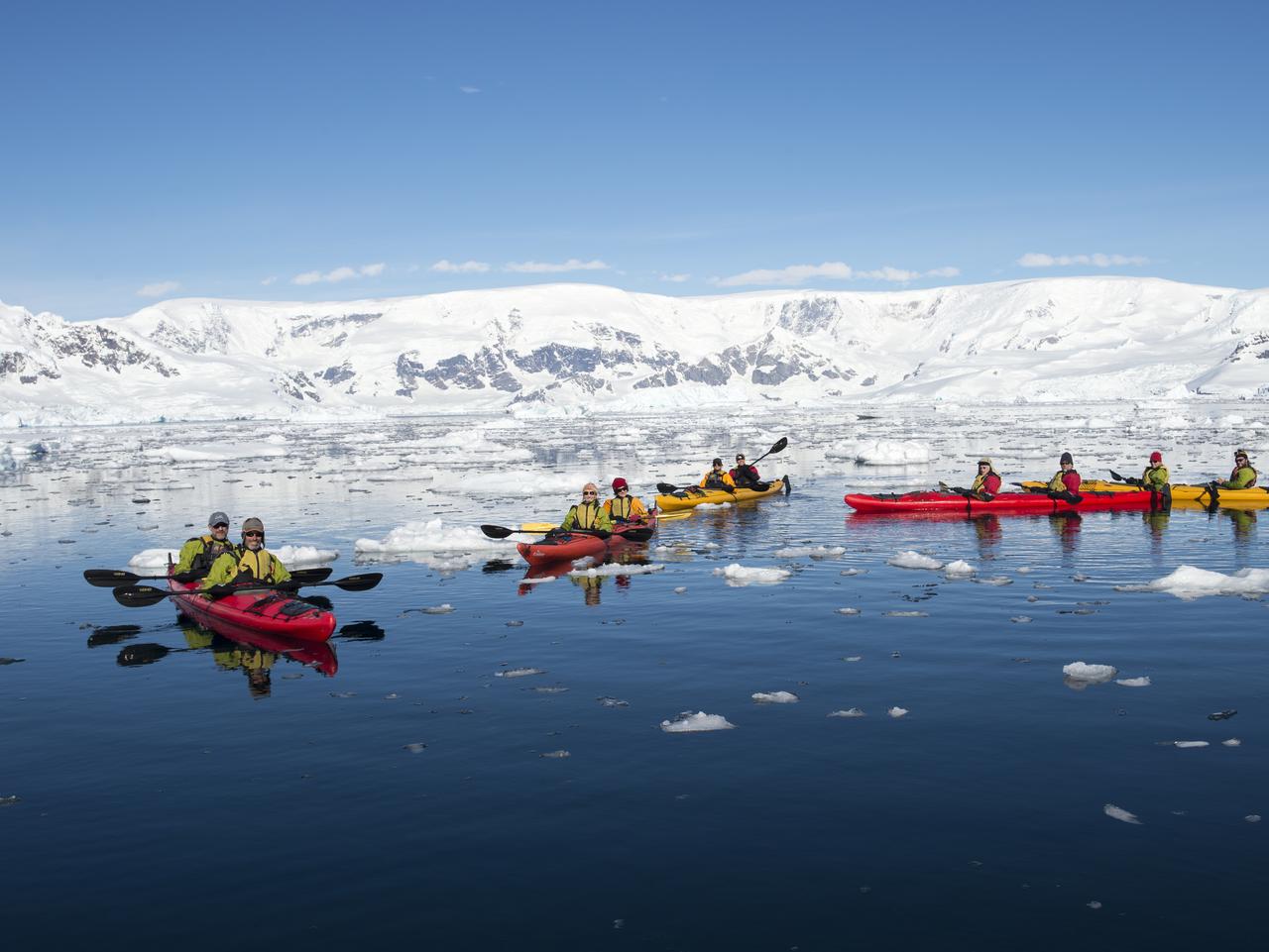 Aurora Expeditions. Kayaking in Antarctica. Picture: Al Bakker