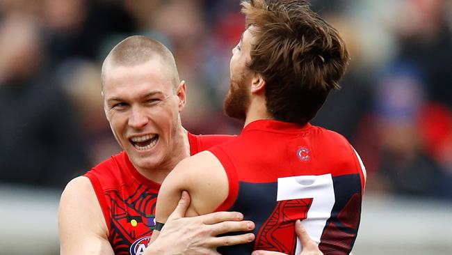 Tom McDonald and Jack Viney celebrate a goal during the 2017 AFL season. (Photo by Michael Willson/AFL Media/Getty Images)