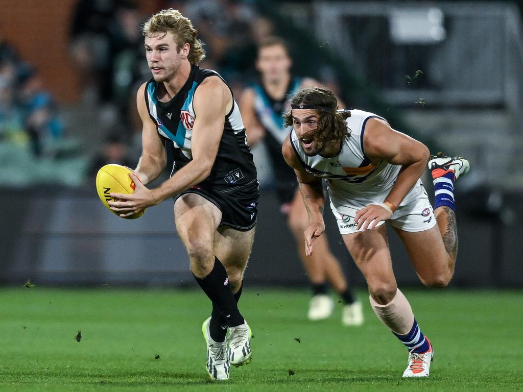 Jason Horne-Francis and the Power snatched victory from the jaws of defeat on Saturday night. Picture: Mark Brake/Getty Images.