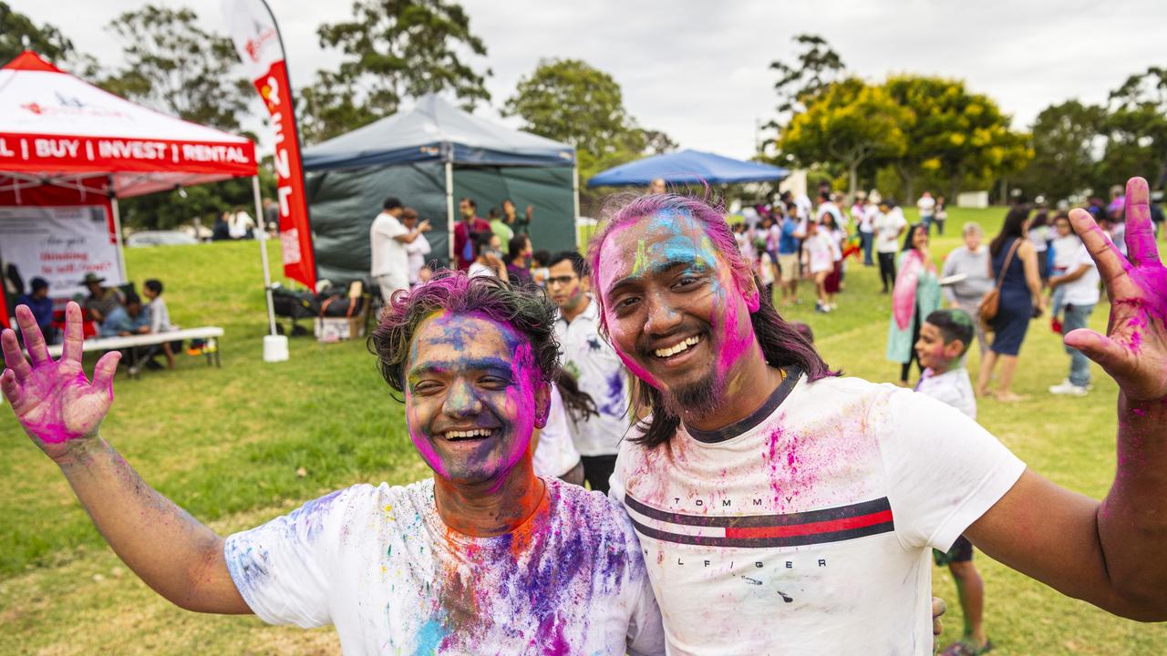 Shrijak Dhungana (left) and Kuber Ranabhat as the Toowoomba Indian and Nepalese communities celebrate Holi, the festival of colours, Saturday, March 23, 2024. Picture: Kevin Farmer