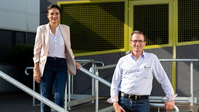 Member for Casuarina Lauren Moss and Sentinel Property Group executive chairman Warren Ebert stand in front of the new bike lockers at Cascom Centre. Picture: Che Chorley