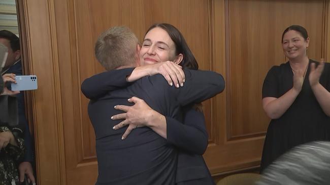 Jacinda Ardern and Chris Hipkins embrace as they enter caucus before he is endorsed as PM. Picture: Twitter.