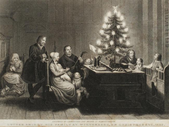 An 1860 engraving showing Martin Luther’s Christmas tree in 1538, from Sartain’s Magazine.