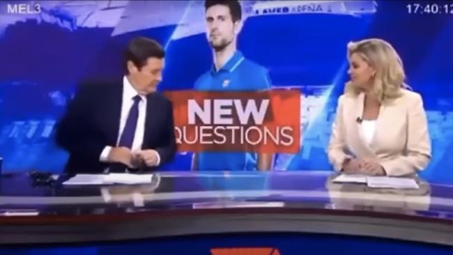 Channel 7 newsreaders Mike Amor and Rebecca Maddern were caught out slamming Novak Djokovic in an off-air studio exchange that was leaked online.