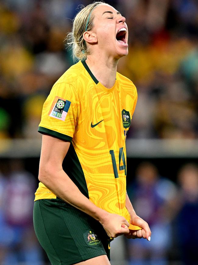 Alanna Kennedy was jubilant after Australia’s thrilling penalty shootout win over France at the World Cup. Picture: Bradley Kanaris/Getty Images.