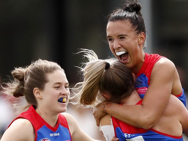 MELBOURNE, AUSTRALIA - FEBRUARY 09: Bailey Hunt of the Western Bulldogs celebrates a goal during the round one AFLW match between the St Kilda Saints and the Western Bulldogs at RSEA Park on February 09, 2020 in Melbourne, Australia. (Photo by Darrian Traynor/Getty Images)