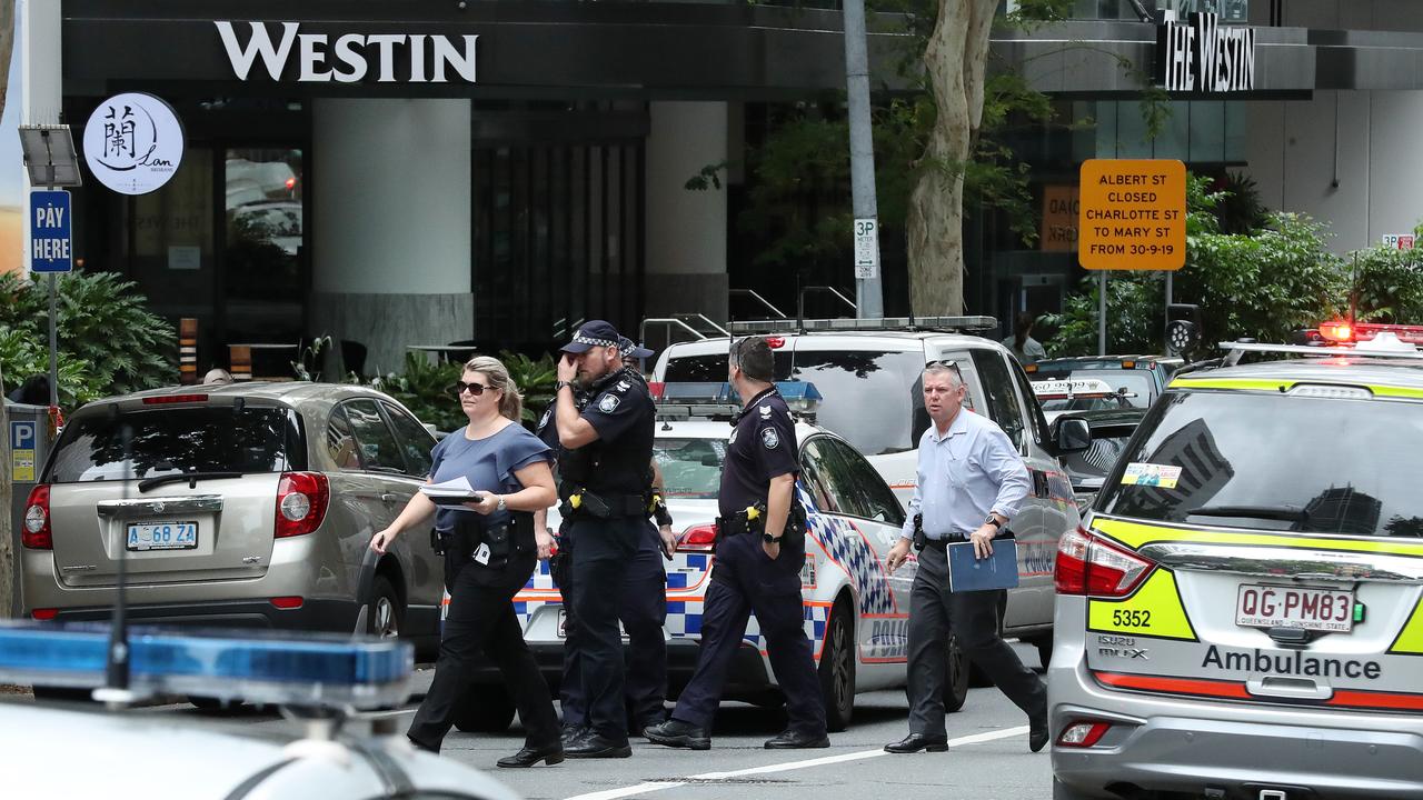 Police have created a crime scene blocking off Mary Street in front of the Westin hotel, Brisbane. Photographer: Liam Kidston.